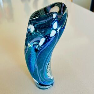 Modern Artist Sally Rogers Blue and White Swirled Glass abstract sculpture